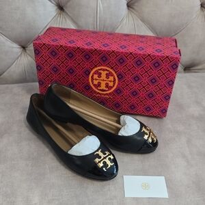 Tory Burch Everly Ballet Flats, Black Nappa Leather/Patent Leather, Size 5.5